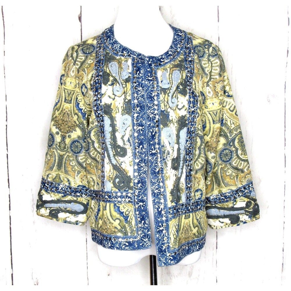 Chico’s Size 2 L/12 Open Front Embroidered Paisley Blazer Jacket Multicolor Boho